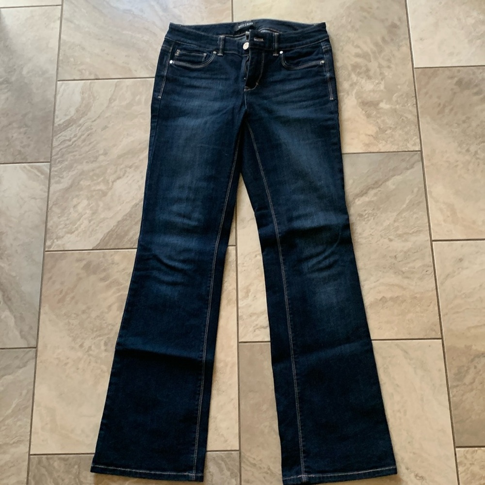 Dark wash, stretchy, straight leg jeans